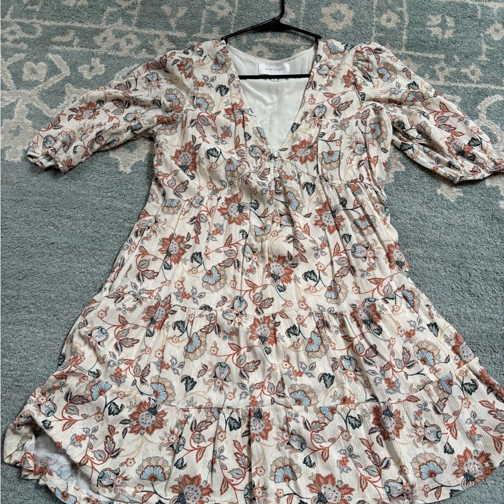 Dear John Cream Floral V-Neck Tiered Midi Dress with Blue and Rust Flowers